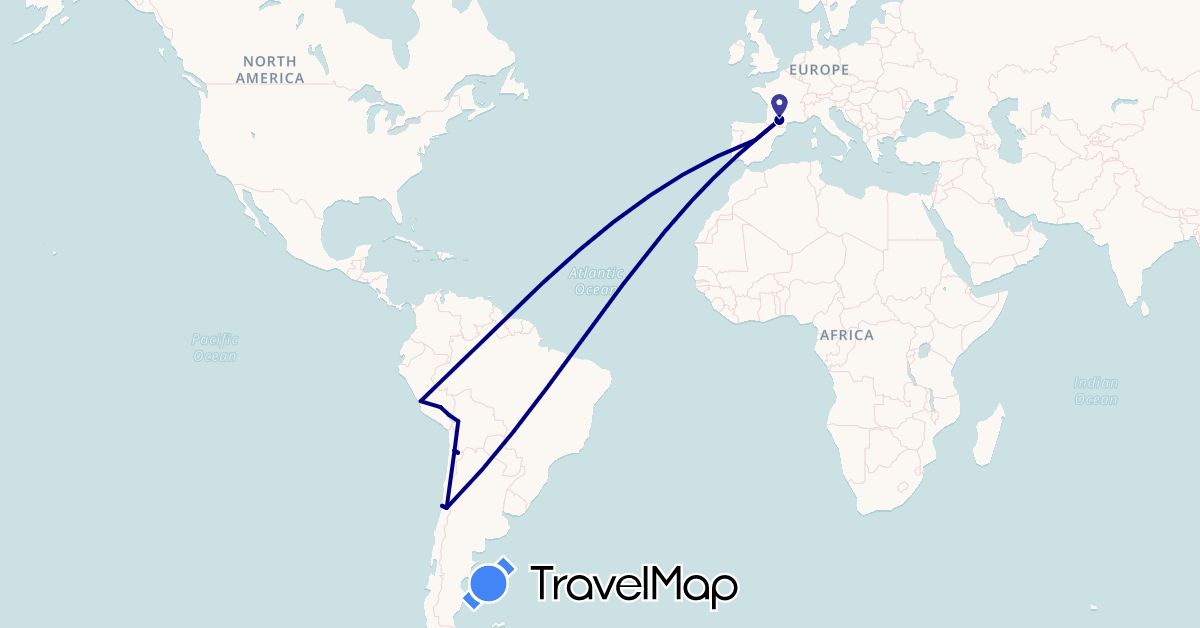 TravelMap itinerary: driving in Bolivia, Chile, Spain, France, Peru (Europe, South America)